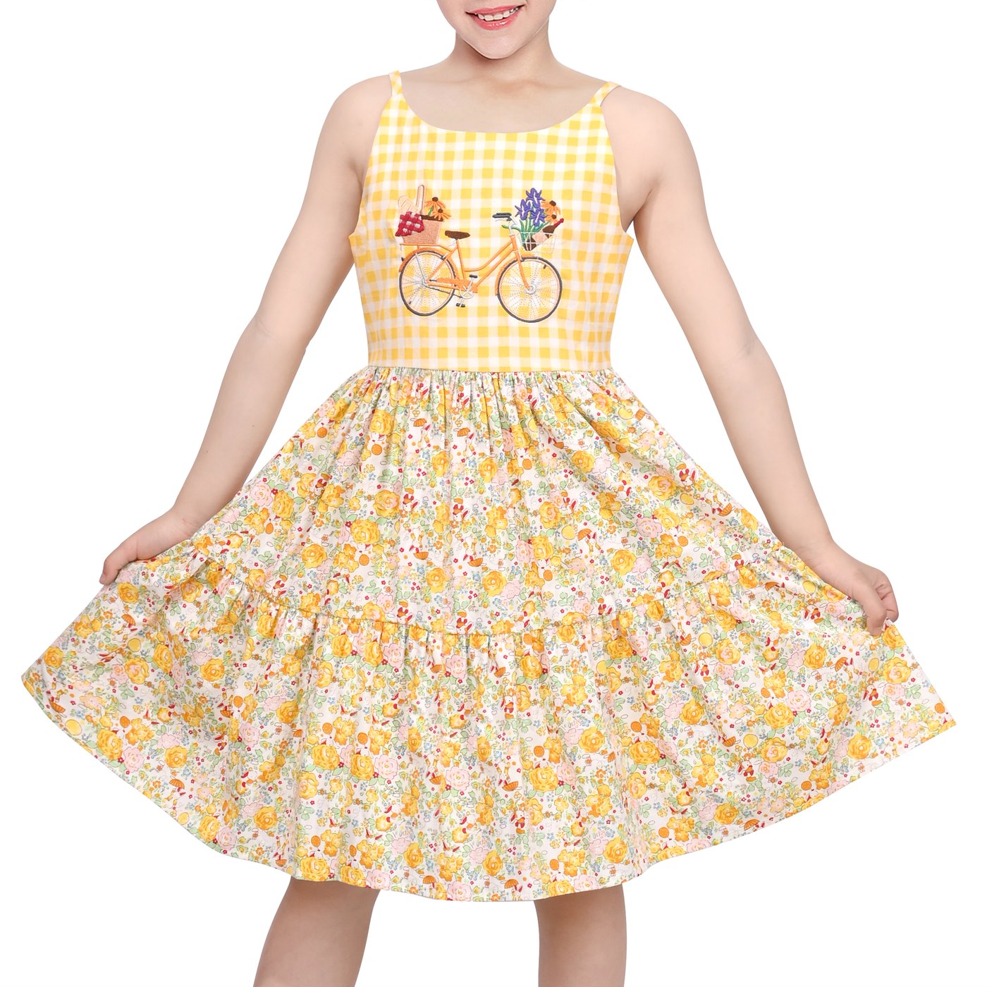 Embroidery Yellow Dress - 여아용 노란색 깅엄 체크 자전거 자수