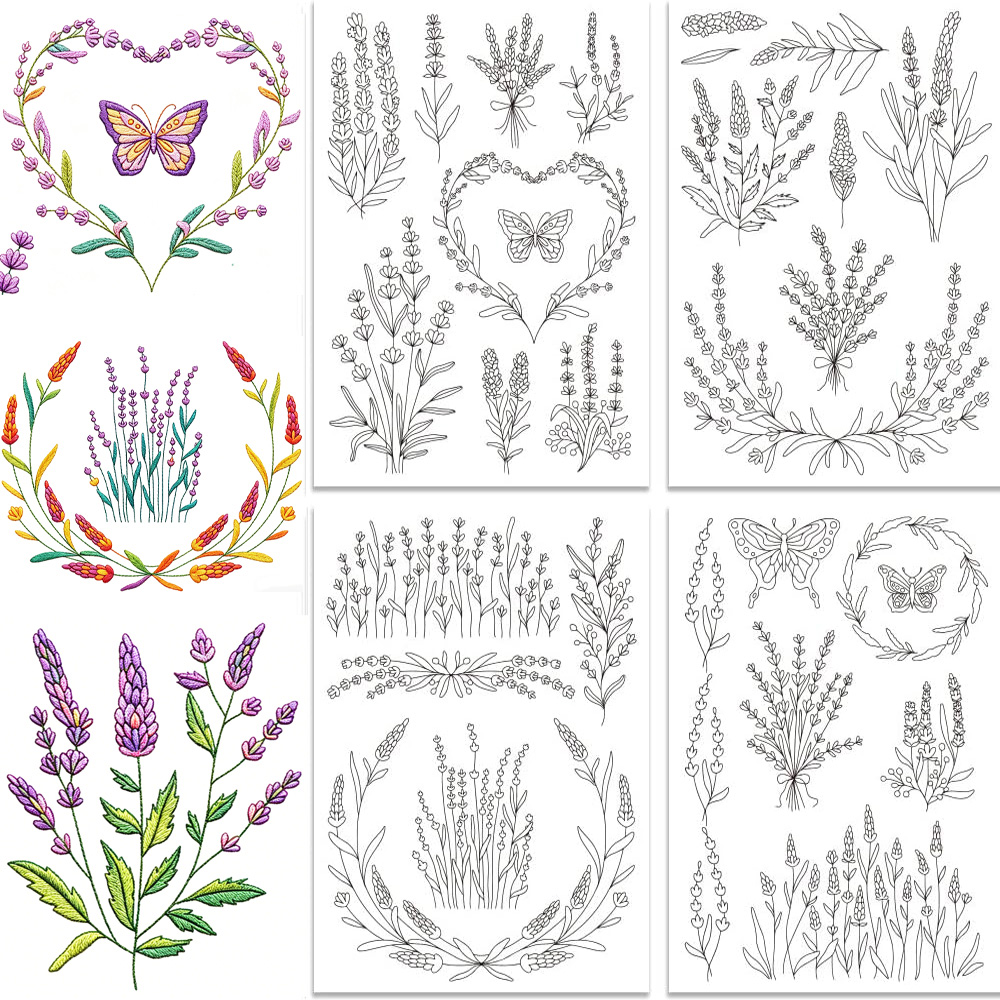 Embroidery Meaning - 라벤더 꽃 나비 수용성 스틱 및