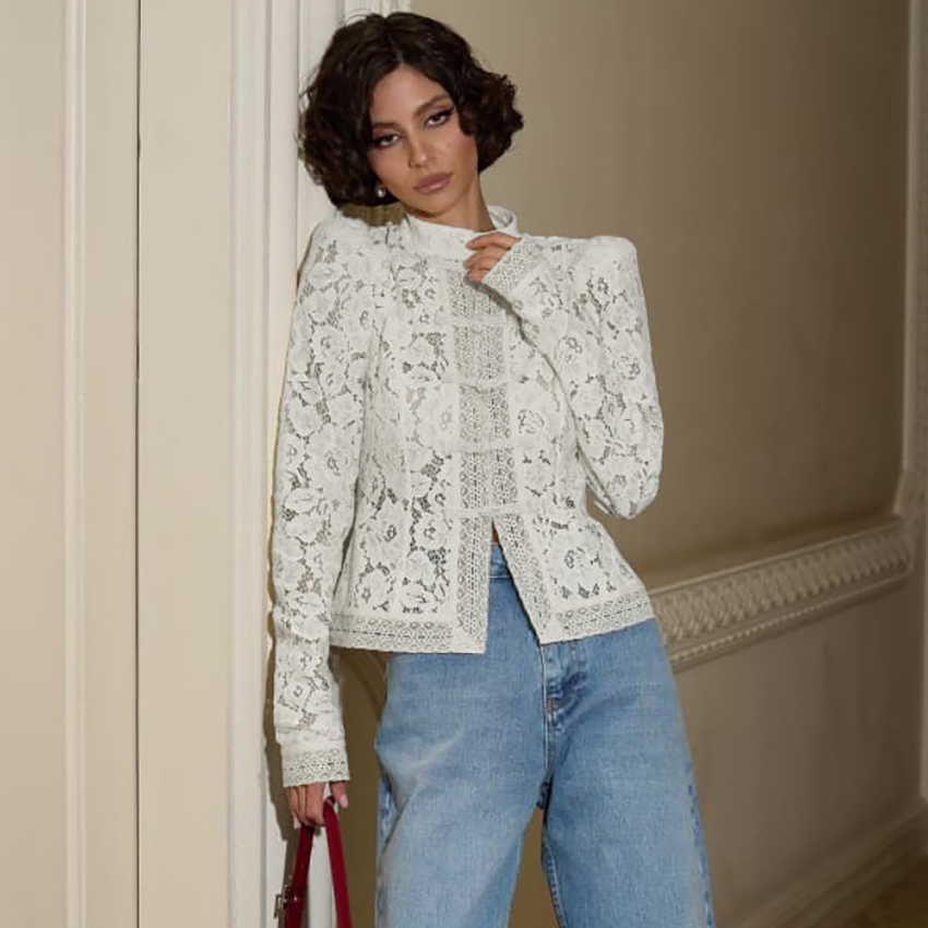 Linad 우아한 자수 퍼프 슬리브 화이트 셔츠 여름  - Embroidery Online 리뷰 및 가격