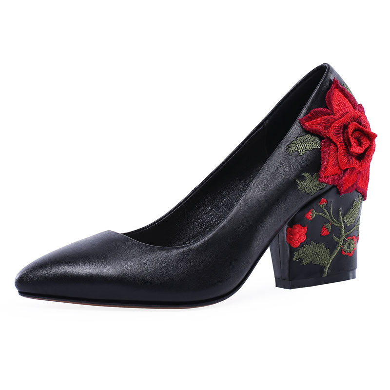 패션 얀 자수 레드 로즈 플라워 힐 펌프스 블랙 소가죽 - Embroidery Rose 리뷰 및 가격