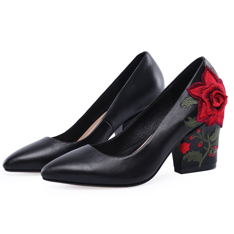 패션 얀 자수 레드 로즈 플라워 힐 펌프스 블랙 소가죽 - Embroidery Rose 리뷰 및 가격