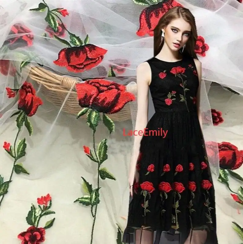 레드 로즈 레이스 원단 꽃 자수 부드러운 블랙 화이트  - Embroidery Rose 리뷰 및 가격