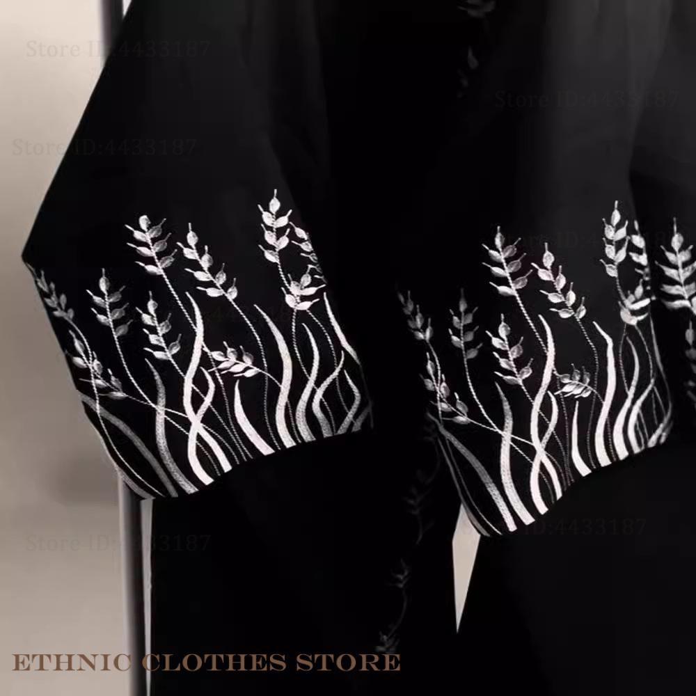 무슬림 여성 의류 우아한 검정 자수 아바야 롱 로브 두 - Embroidery Kebaya 리뷰 및 가격